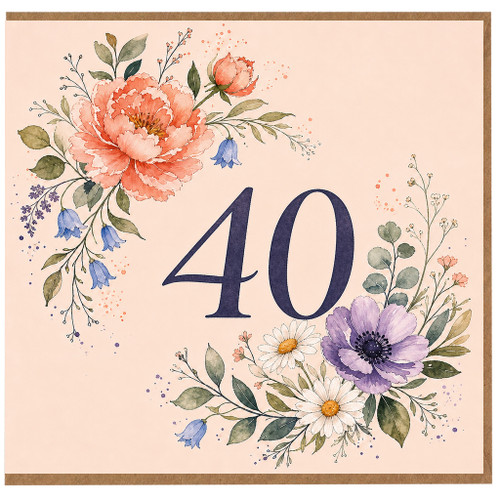 40th Birthday Card, Floral Wreath Design
