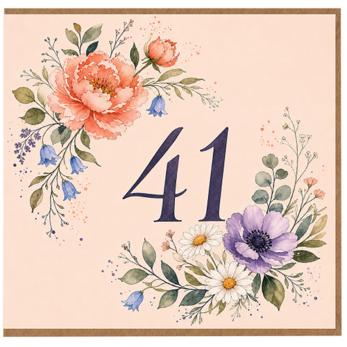 41st Birthday Card, Floral Watercolour Wreath Design