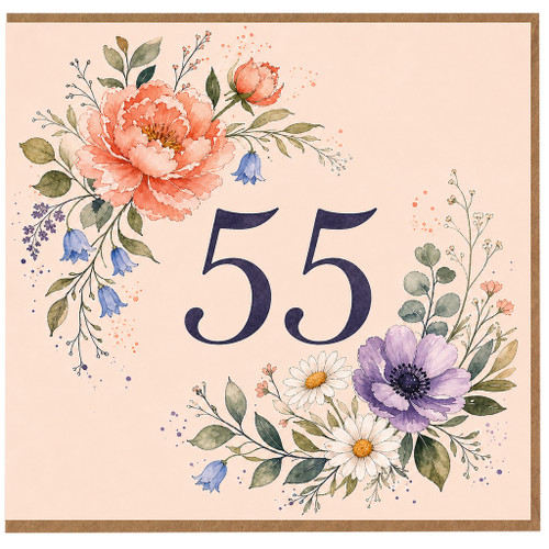 55th Birthday Card, Floral Watercolour 55 Birthday Card