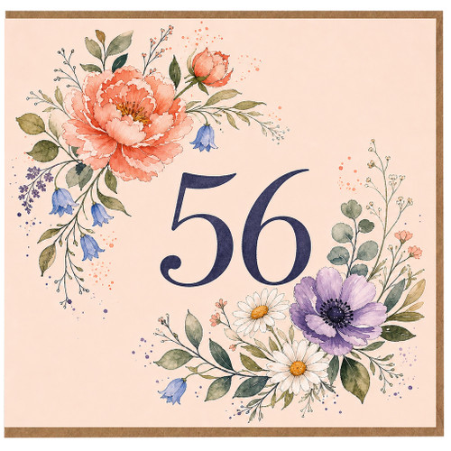 56th Birthday Card, Floral Watercolour Number 56 Card