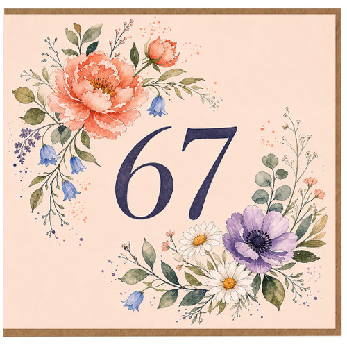 67th Birthday Card, Floral Watercolour Birthday Card