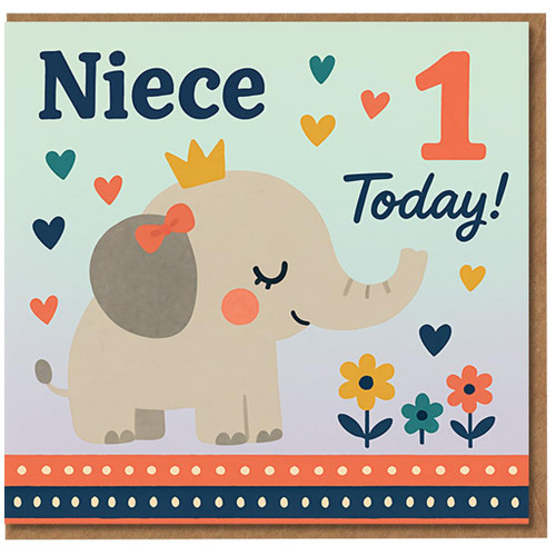 Niece 1st Birthday Card - Cute Elephant with Hearts - Niece 1 Today - First Birthday Card for
