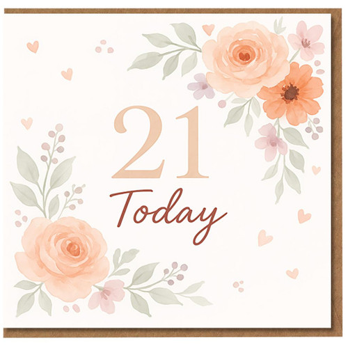 21st Birthday Card - 21 Today - Elegant Floral Watercolour Design in Peach and Blush with Hearts and Leaves