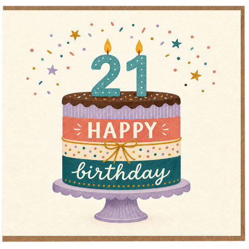 21st Birthday Card, Happy Birthday Cake Design with Candles and Confetti