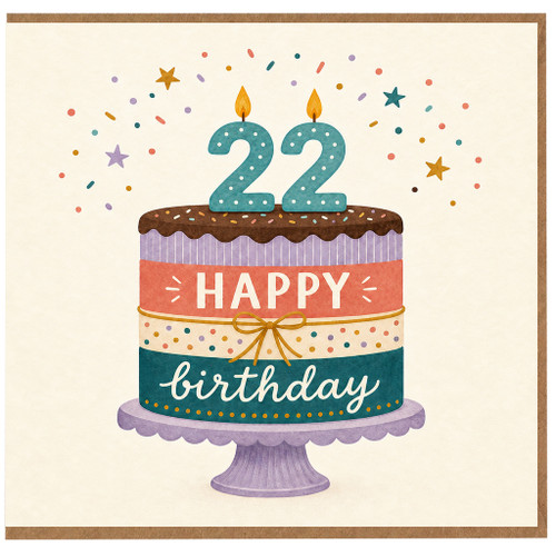 22nd Birthday Card, Happy Birthday Cake Card