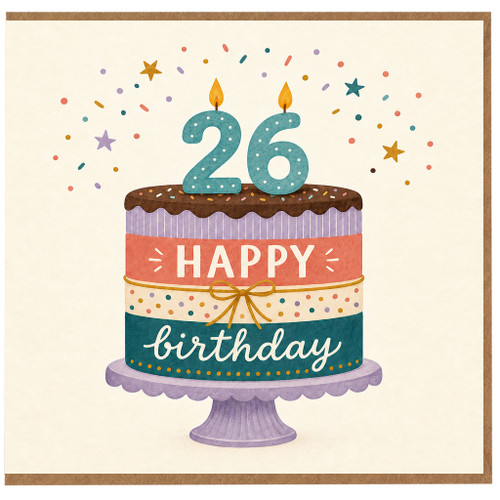 26th Birthday Card, Happy Birthday Cake Card