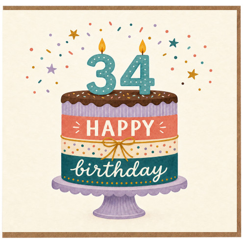 34th Birthday Card, Happy Birthday Cake and Confetti Design