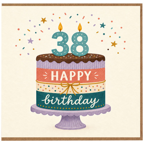 38th Birthday Card, Happy Birthday Cake Design Card