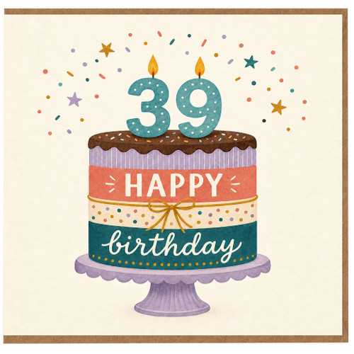 39th Birthday Card, Happy Birthday Cake Design Card