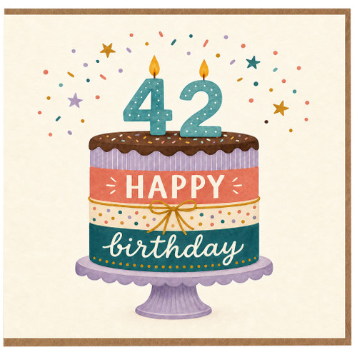42nd Birthday Card, Happy Birthday Cake and Confetti Design