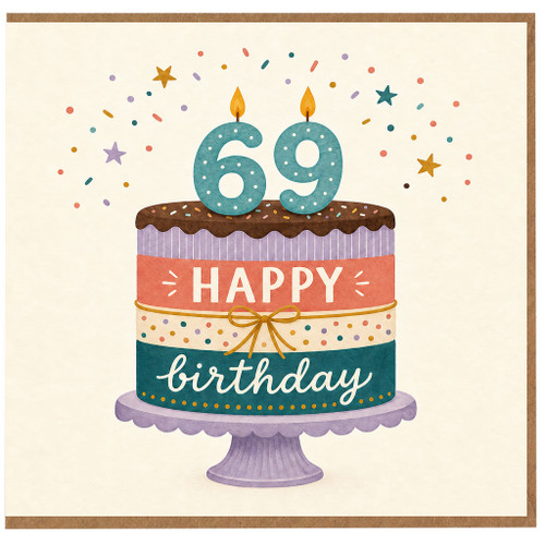 69th Birthday Card, Happy Birthday Cake Design