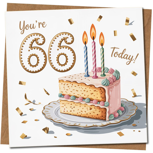 66th Birthday Card, You're 66 Today Cake & Candles, Square 145mm x 145mm, Confetti Celebration, For Him Her Friend Mum Dad, Includes Kraft Envelope