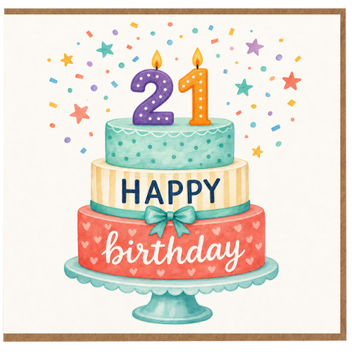 21st Birthday Card, Happy Birthday Cake and Confetti Design
