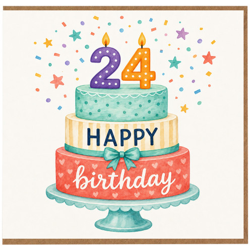 24th Birthday Card, Happy Birthday Cake Design Card