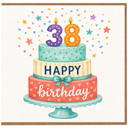 38th Birthday Card, Happy Birthday Cake Card