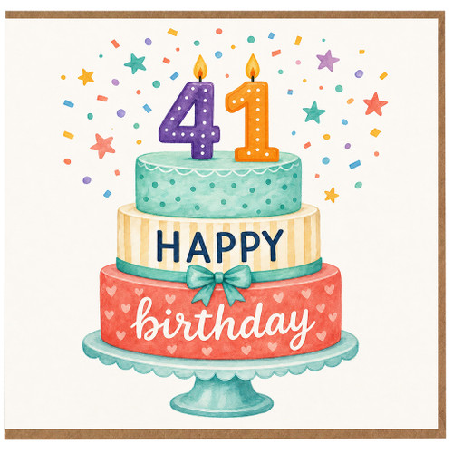 41st Birthday Card, Happy Birthday Cake and Confetti Design