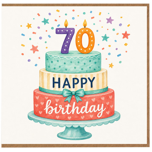 70th Birthday Card, Colourful Birthday Cake and Confetti Design