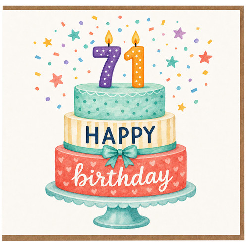71st Birthday Card, Happy Birthday Cake and Confetti Design