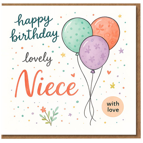 Niece Birthday Card - Lovely Niece Balloons Design - Cute Happy Birthday Card with Confetti and Hearts - With Love - Greeting for Blank Inside
