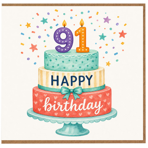 91st Birthday Card, Colourful Cake and Confetti Happy Birthday Card