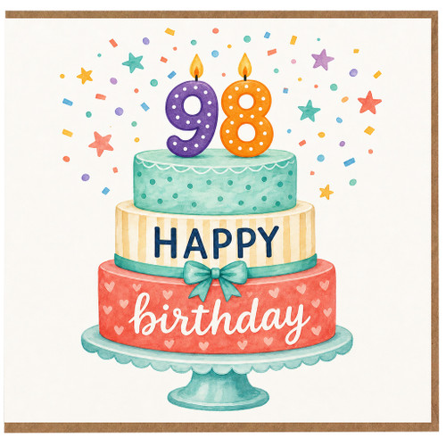 98th Birthday Card, Colourful Birthday Cake with Candles