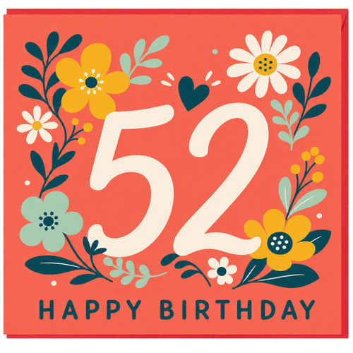 52nd Birthday Card, Floral Happy Birthday Card