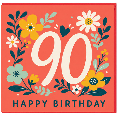 90th Birthday Card, Floral Design Happy Birthday Card