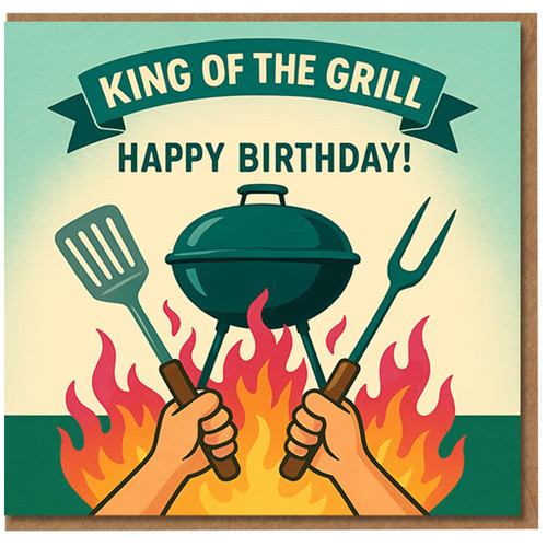 King of the Grill Birthday Card - Funny BBQ Happy Birthday Greeting for Barbecue Lovers and Grill Masters - Illustrated Spatula and Fork Design - Card for Him
