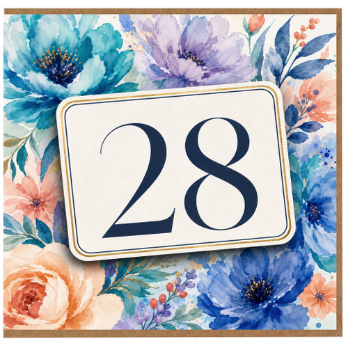 28th Birthday Card, Floral Watercolour Number 28 Card