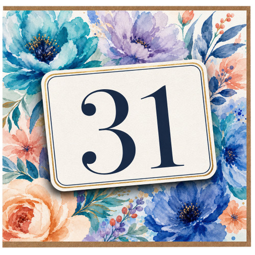 31st Birthday Card, Floral Watercolour Number 31 Card