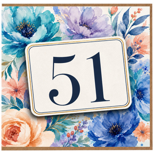 51st Birthday Card, Floral Watercolour Age 51 Card