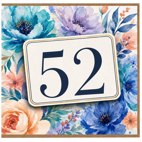 52nd Birthday Card, Watercolour Floral Number 52 Card