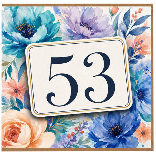 53rd Birthday Card, Watercolour Floral Number 53 Card