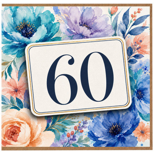 60th Birthday Card, Floral Navy Number 60 Birthday Card