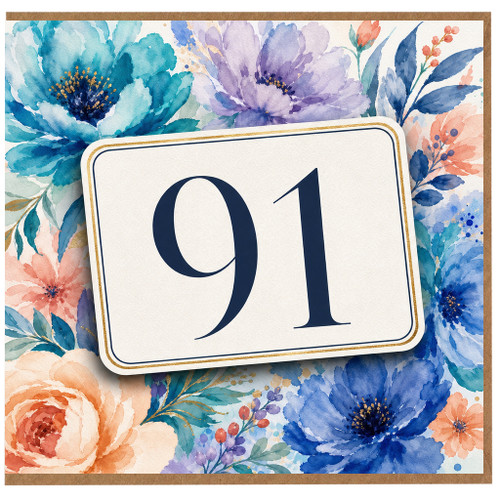 91st Birthday Card, Floral Watercolour Number 91 Card