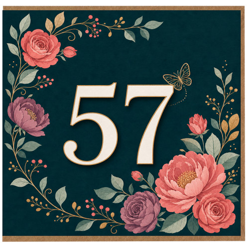 57th Birthday Card, Floral Number 57 Birthday Card
