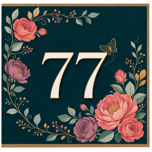 77th Birthday Card, Floral Number 77 Card