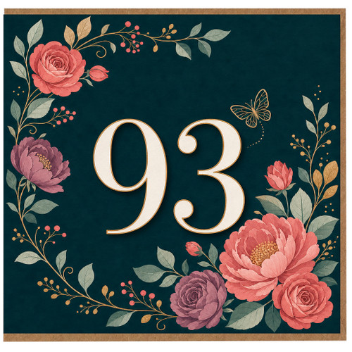 93rd Birthday Card, Floral Wreath Butterfly Design