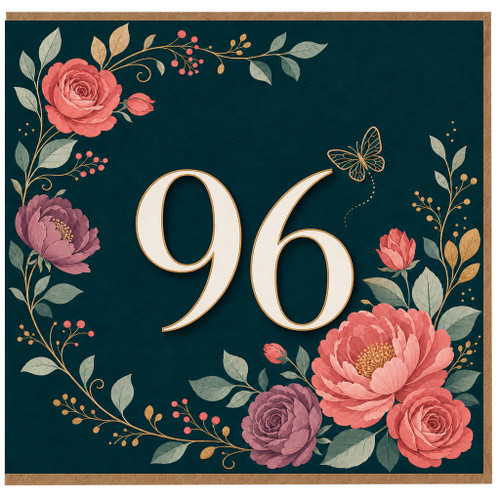 96th Birthday Card, Floral Butterfly Design