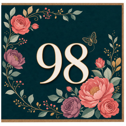 98th Birthday Card, Floral Gold Number 98 Birthday Card