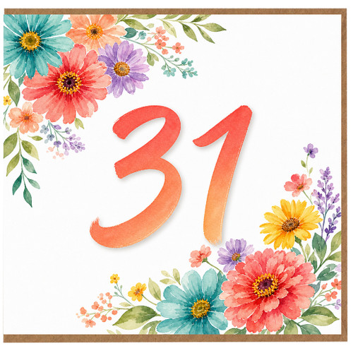 31st Birthday Card, Floral Watercolour Design