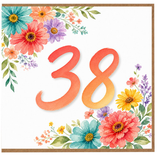 38th Birthday Card, Floral Watercolour Number 38 Card