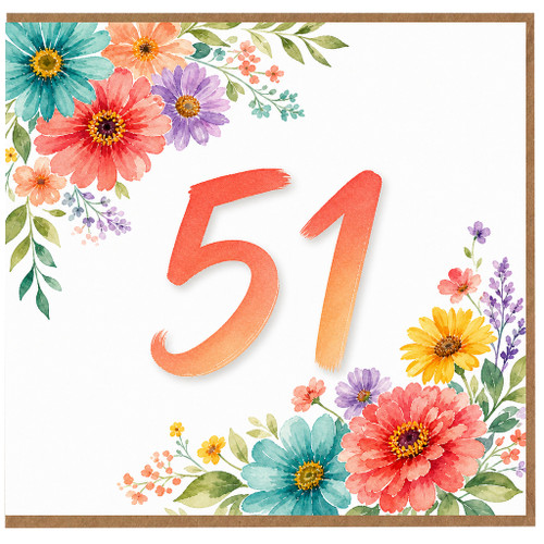 51st Birthday Card, Floral Watercolour Number 51 Card