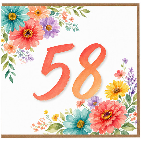 58th Birthday Card, Floral Watercolour Number 58 Birthday Card
