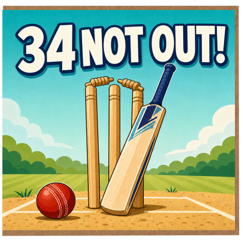 34th Birthday Card, 34 Not Out Cricket Card