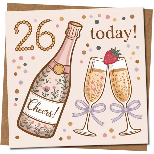 26th Birthday Card - Cheers Champagne Bottle and Glasses Design - 145mm x 145mm Square - '26 Today!' Celebration Card, Includes Kraft Envelope