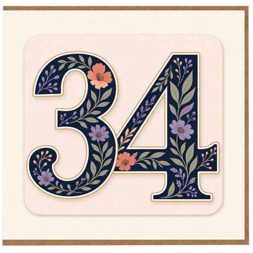 34th Birthday Card, Floral Number 34 Card