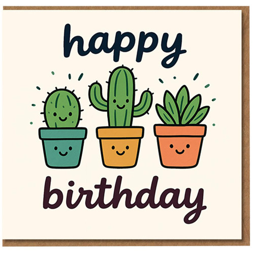 Happy Birthday Cactus Card - Cute Succulent Plant Pots Illustration, Fun Greeting Card for Friend, Mum, Dad, Him or Her