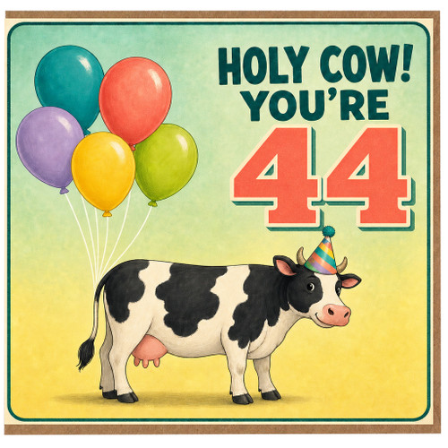 44th Birthday Card, Holy Cow You're 44 Funny Cow Balloon Card