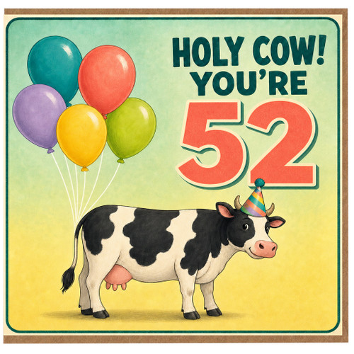52nd Birthday Card, Funny Cow Party Hat Balloon Design